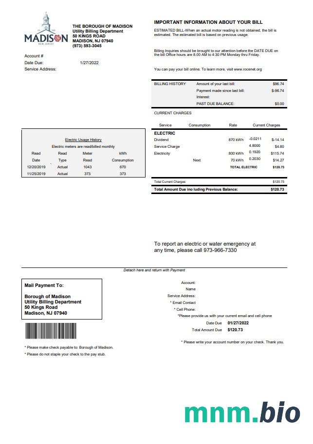 USA New Jersey Borough of Madison rachunek za media szablon w formacie Word i PDF